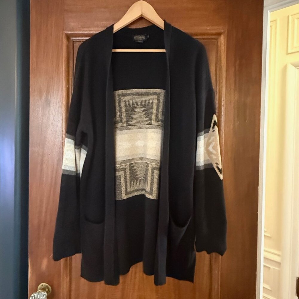 Pendleton Black Sweater Cardigan with Tan and Cream Geometric Panel - Picture 5 of 10